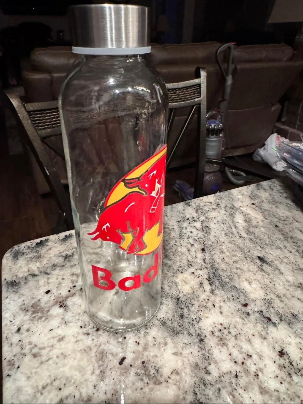 BAD BULL Red Bull Hand Crafted Red and Yellow Glass Drink Bottle with Metal Lid